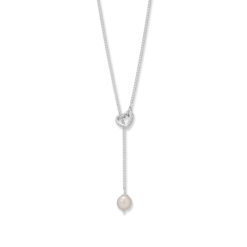 Freshwater Pearl and Heart Lariat Necklace (16" + 2")