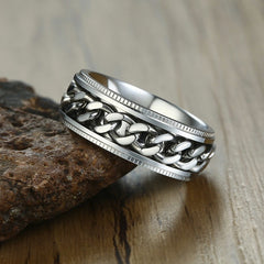 Notched Stainless Steel Cuban Link Spinner Ring