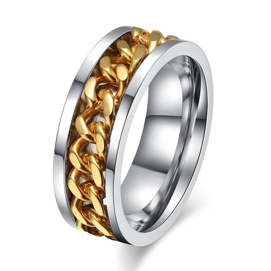 Dual Tone Stainless Steel Cuban Link Spinner Ring